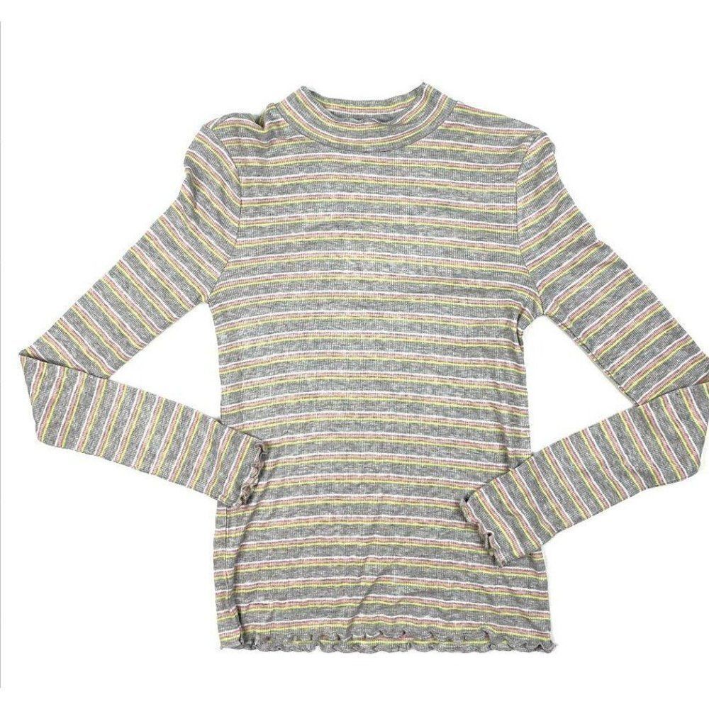 ‎Juniors Shirt Top Medium Gray Stripe Ribbed Mock